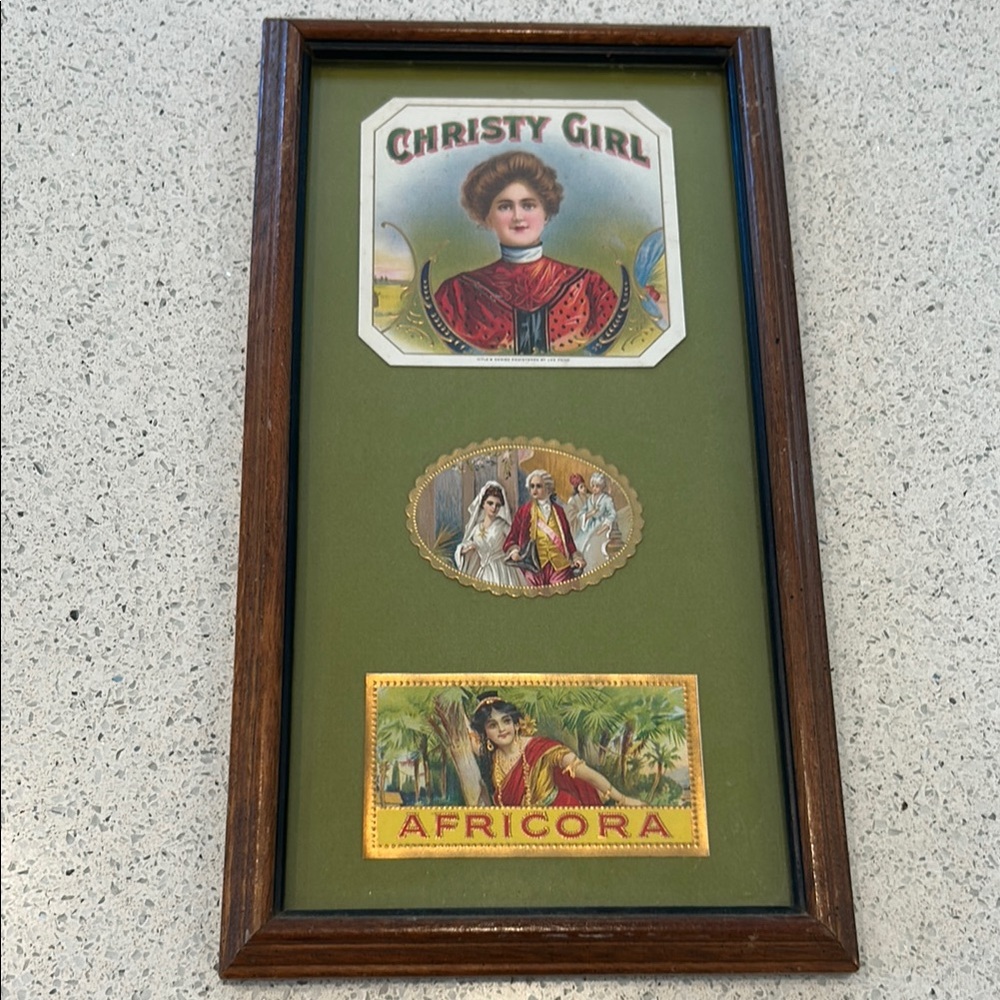 Vintage Framed Art with Christy Girl and Africora Advertising Labels